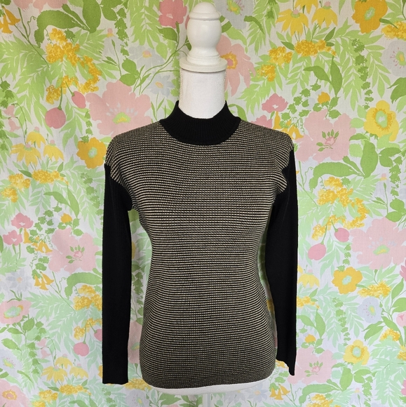 Vintage Sweaters - Vintage Black and Beige Striped Mockneck Sweater